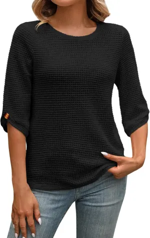 Womens Waffle Knit Shirts Fashion Short Sleeves with Button Crewneck Tunic Tops Casual Solid Loose Blouses Tees
