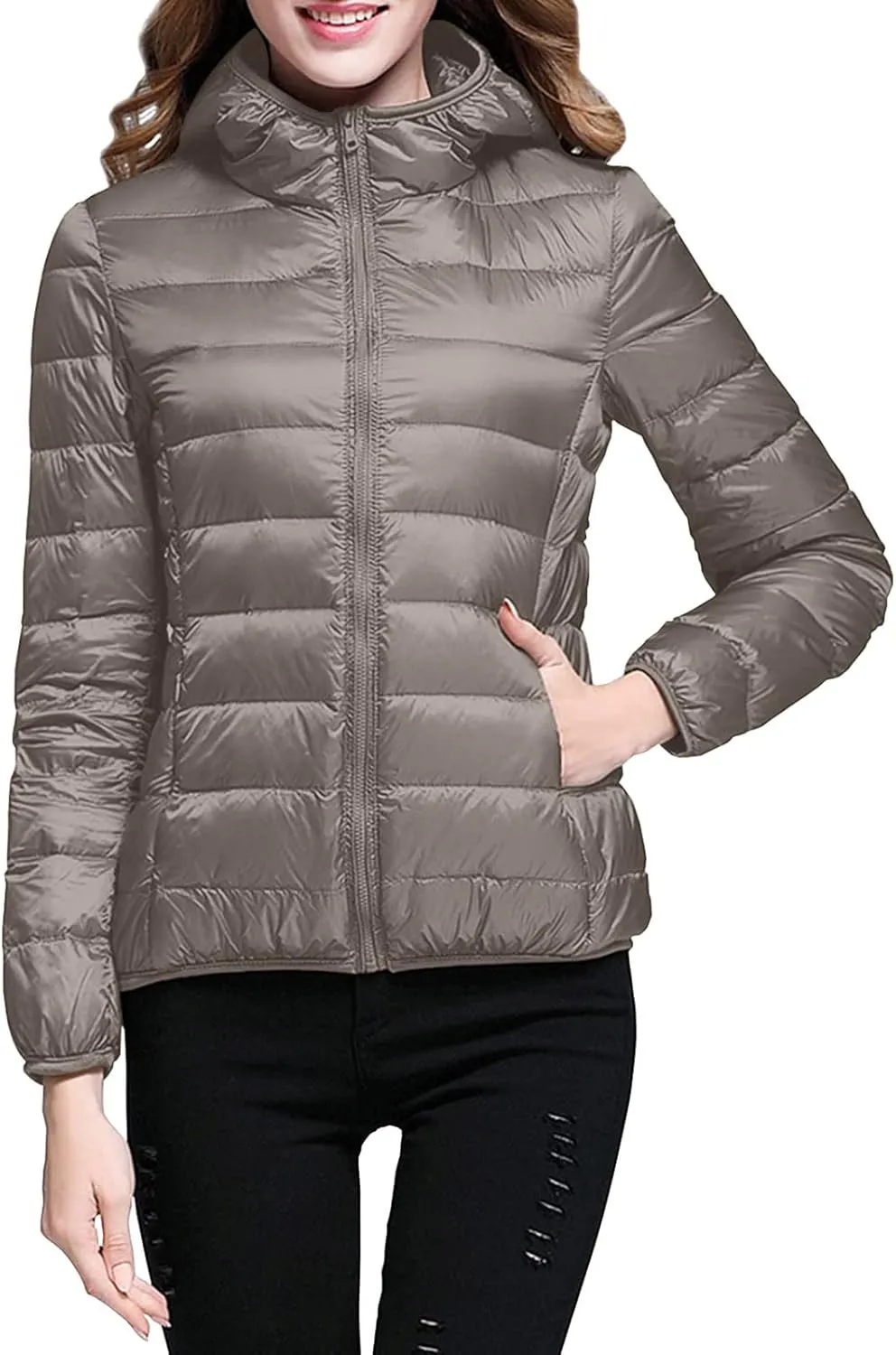 Womens Warm Lightweight Jacket Hooded Windproof Winter Coat With Recycled Insulation Slim Short Down Coat Outerwear