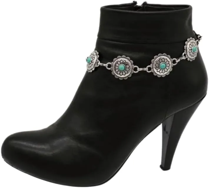 Womens Western Boot Chain Bracelet  Silver Metal Chain Anklet with Turquoise Blue Flower Charms  Adjustable One Side Only Shoe Ethinc Jewelry