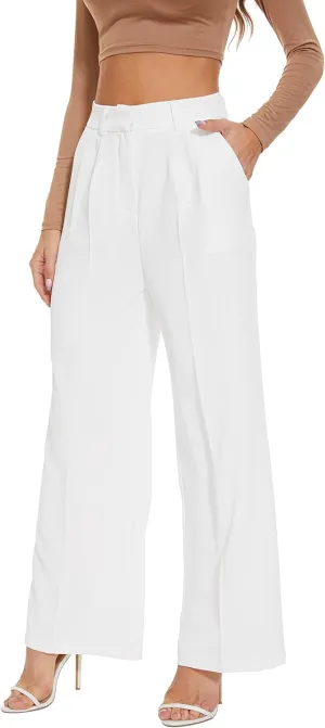 Women's Wide Leg High Waist Wide Leg Pants Loose Fit Back Elastic Waist Pleated Front Trousers for Work Casual White