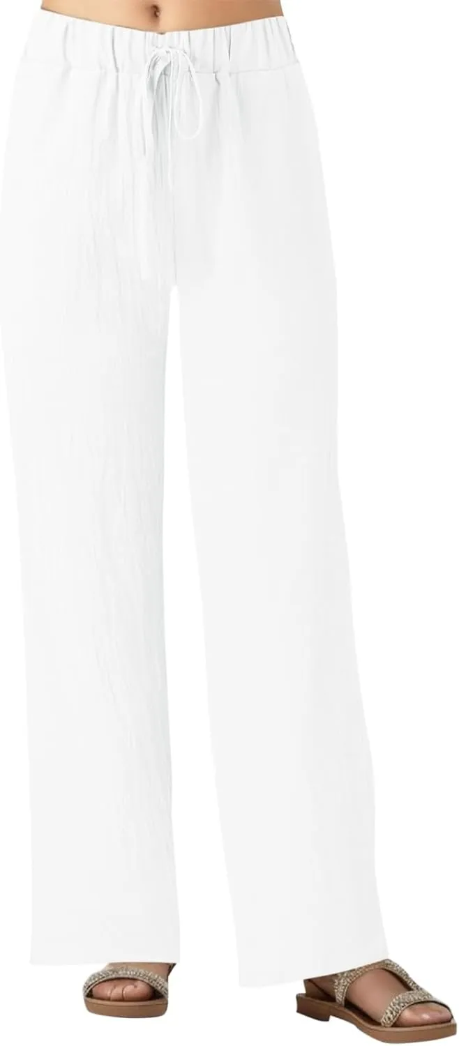 Womens Wide Leg Pants Cotton Linen High Waisted Yoga Pants with Pockets Stretch Workout Straight Leg Beach Lounge Work Pants