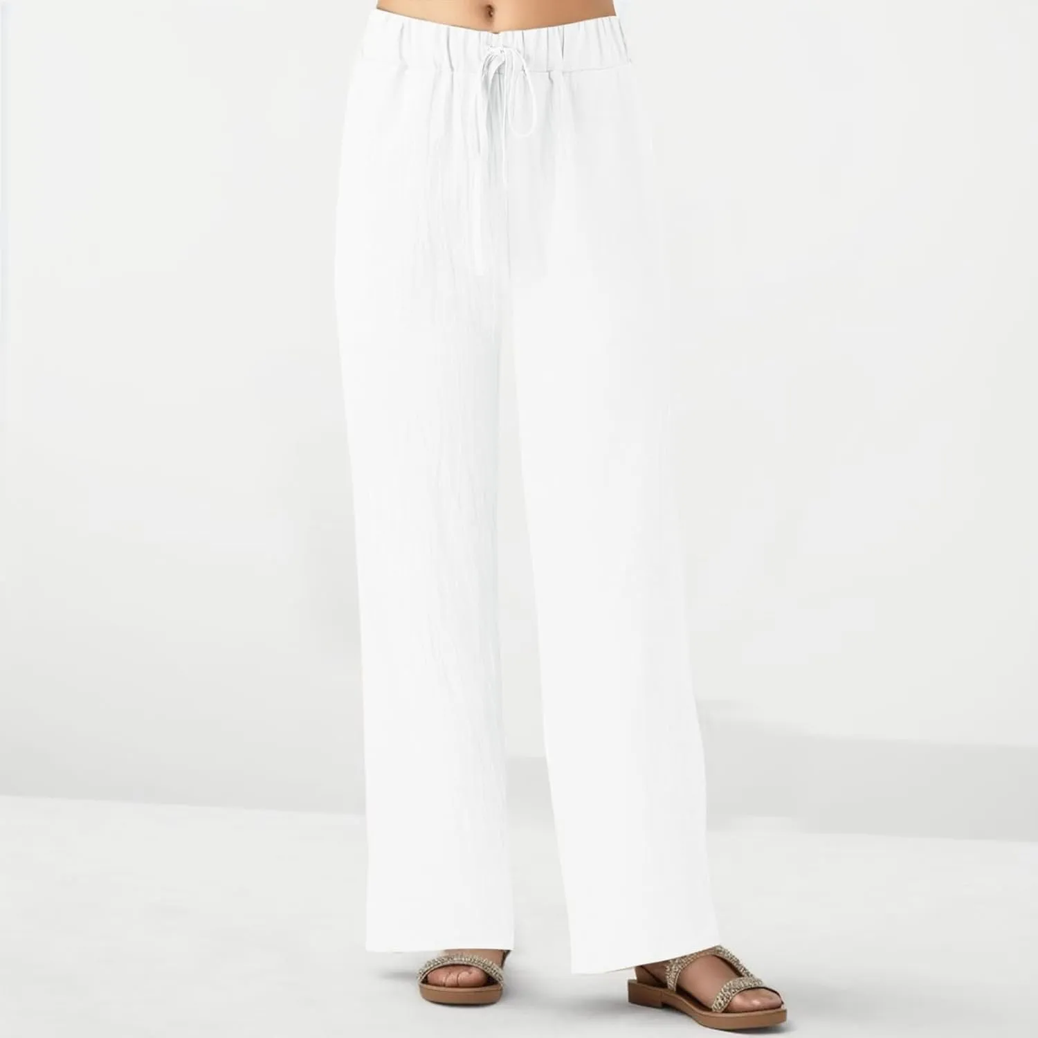 Womens Wide Leg Pants Cotton Linen High Waisted Yoga Pants with Pockets Stretch Workout Straight Leg Beach Lounge Work Pants