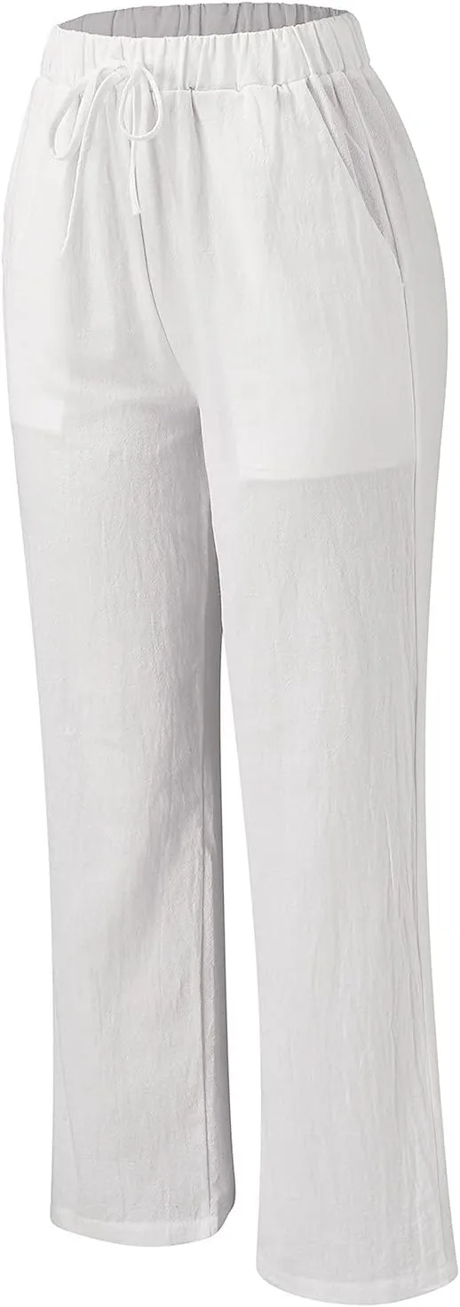 Womens Wide Leg Pants Cotton Linen High Waisted Yoga Pants with Pockets Stretch Workout Straight Leg Beach Lounge Work Pants
