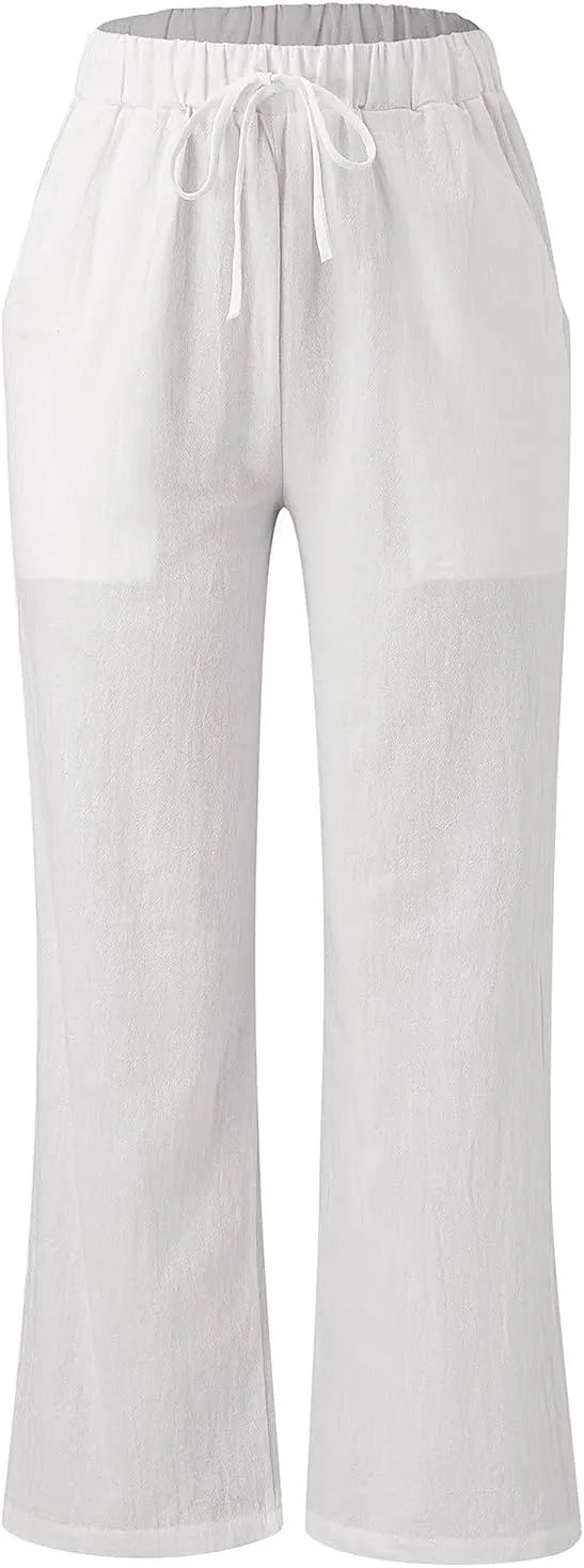Womens Wide Leg Pants Cotton Linen High Waisted Yoga Pants with Pockets Stretch Workout Straight Leg Beach Lounge Work Pants
