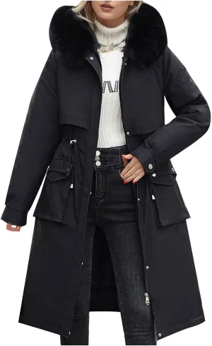Women's Winter Coats Detachable Cotton Padded Lined Parka Jacket Faux Fur Hooded Long Winter Warm Outwear with Pockets