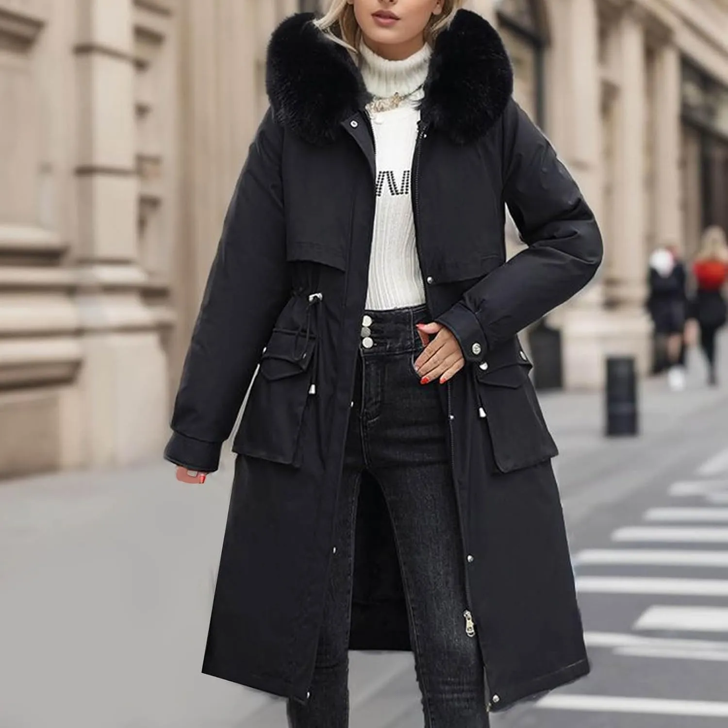 Women's Winter Coats Detachable Cotton Padded Lined Parka Jacket Faux Fur Hooded Long Winter Warm Outwear with Pockets