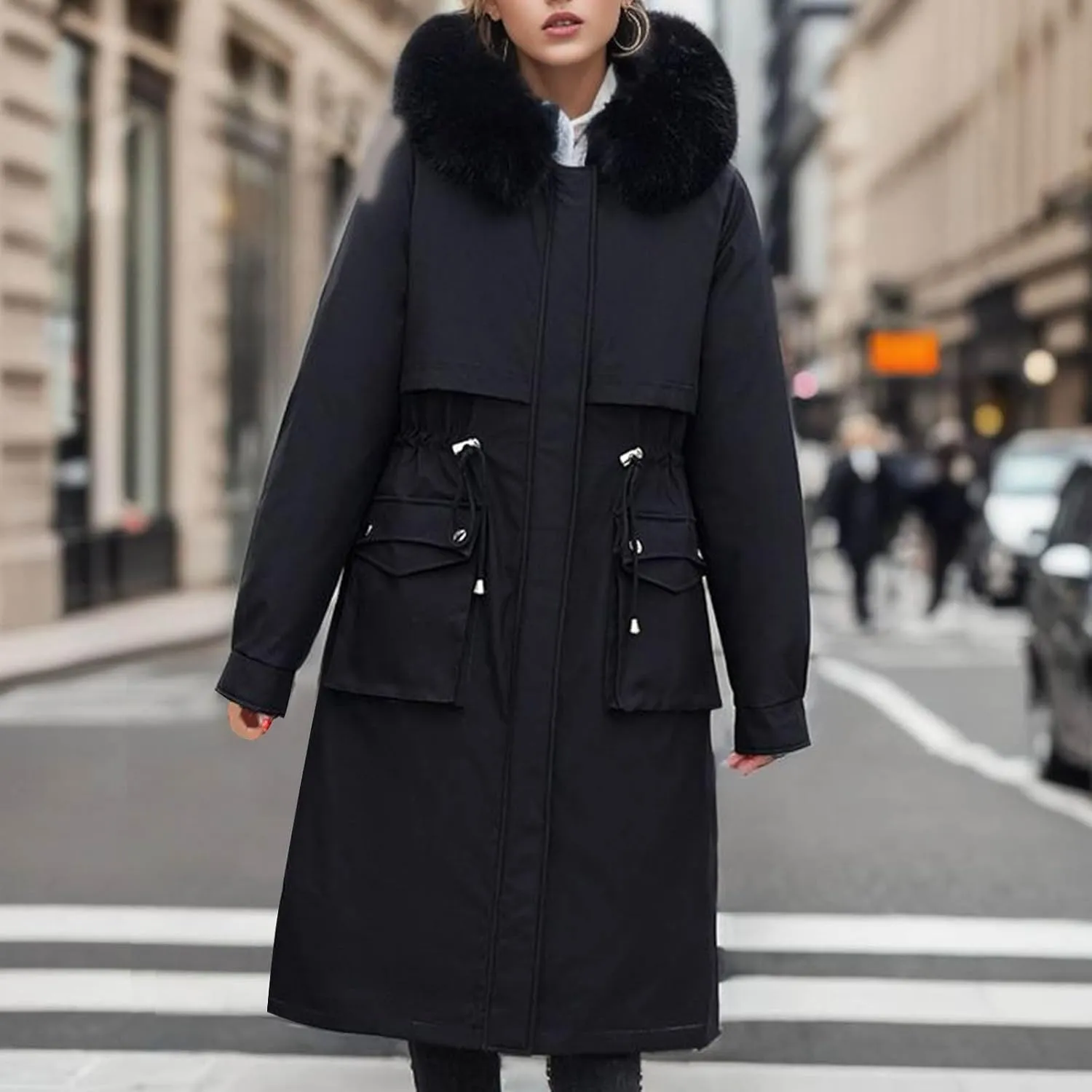 Women's Winter Coats Detachable Cotton Padded Lined Parka Jacket Faux Fur Hooded Long Winter Warm Outwear with Pockets