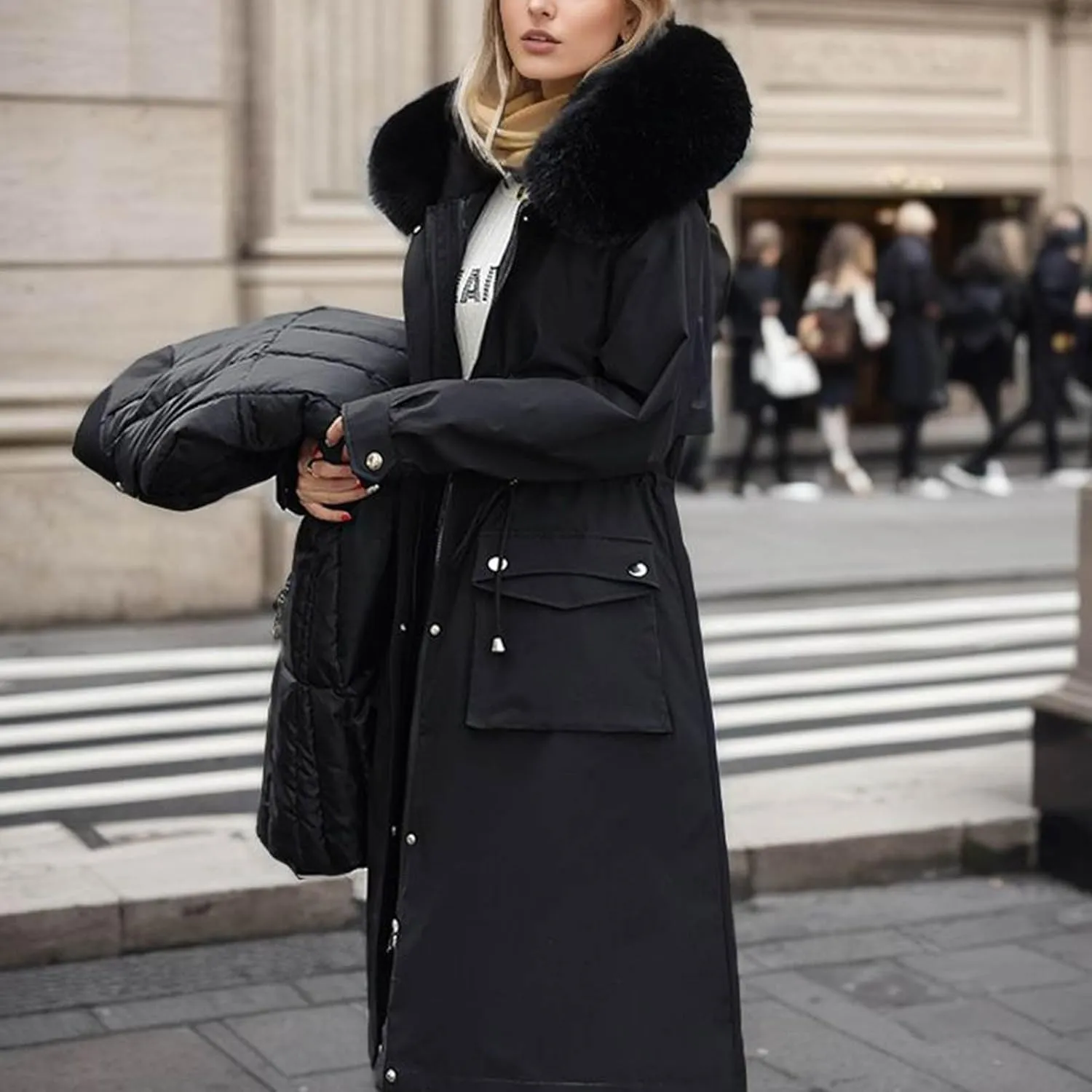 Women's Winter Coats Detachable Cotton Padded Lined Parka Jacket Faux Fur Hooded Long Winter Warm Outwear with Pockets