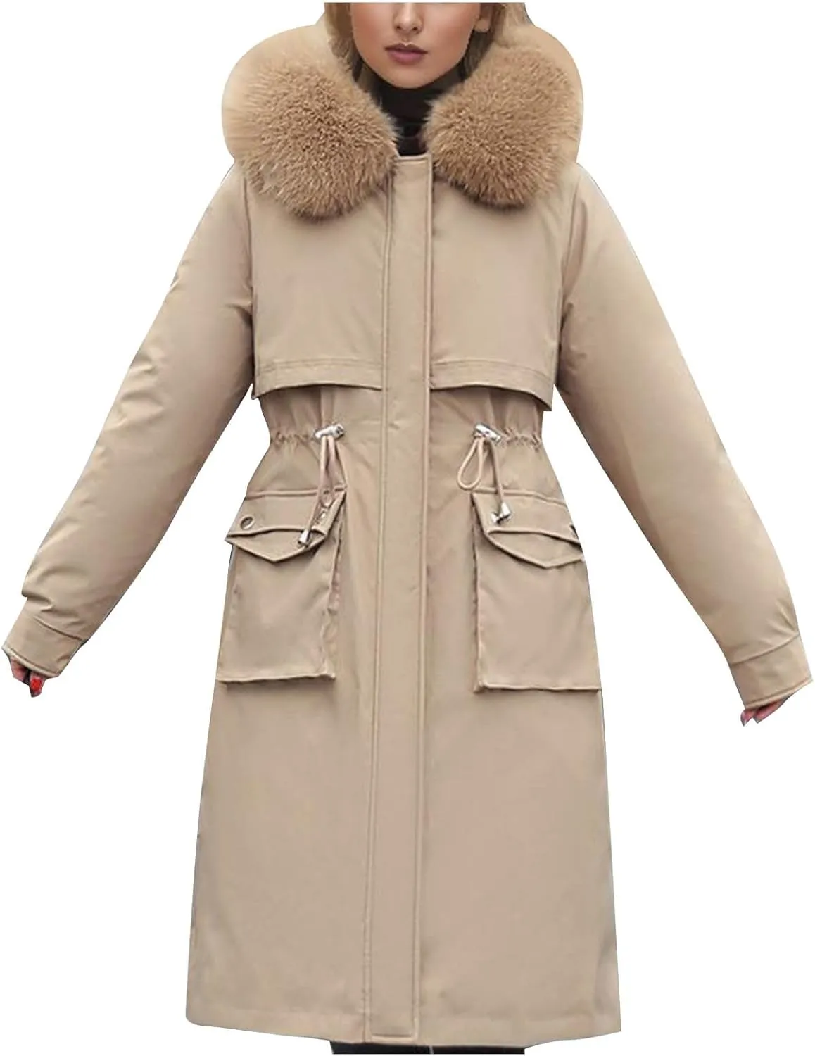Women's Winter Coats Detachable Cotton Padded Lined Parka Jacket Faux Fur Hooded Long Winter Warm Outwear with Pockets