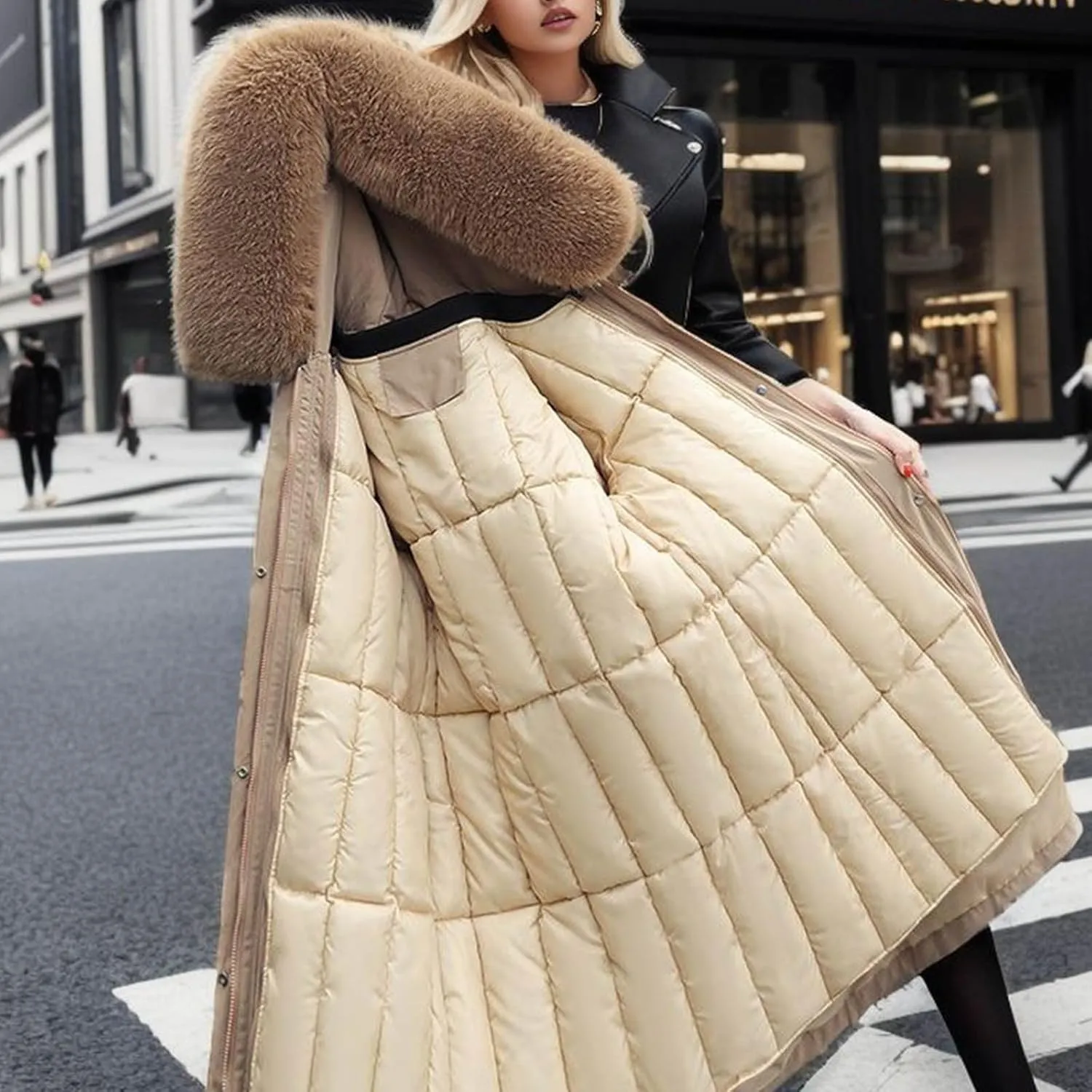 Women's Winter Coats Detachable Cotton Padded Lined Parka Jacket Faux Fur Hooded Long Winter Warm Outwear with Pockets