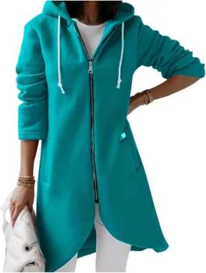 Womens Zip Up Hoodie Trendy Drawstring Oversized Long Hooded Sweatshirts Cute Tunic Irregular Hem Jackets Loose Coats