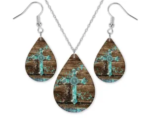 Wood Distressed Teal Cross Earrings or Necklace Set - Christian Jewelry Set - Religious Jewelry Set -Western Jewelry Set - Rustic Jewelry Combo - Wood Printed Jewelry (Necklace and Earrings Set)
