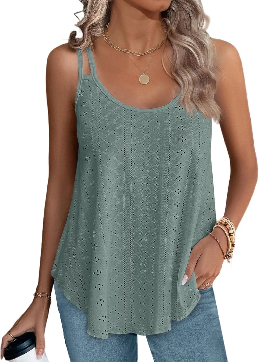 XIEERDUO Womens Tank Tops Spaghetti Strap Camisoles Eyelet Embroidery Scoop Neck Tops