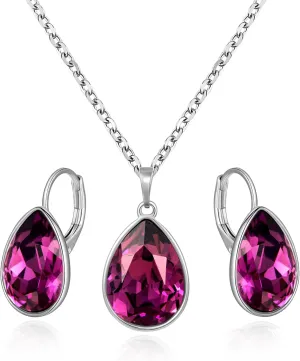 XUPING Birthstone Jewelry Set Necklace and Earrings Teardrop Pendant Crystal Set Gift for Women Wedding Party Accessories