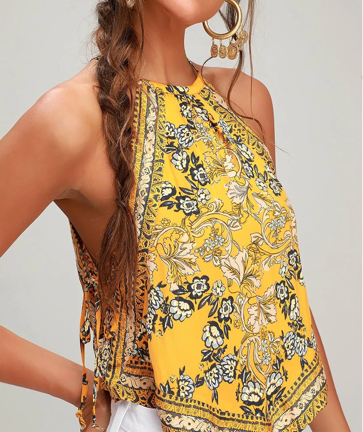Y2k Boho Floral Halter Tank Top for Women Sleveeless Bandeau Crop Top Summer Aesthetic Going Out Cami Shirt