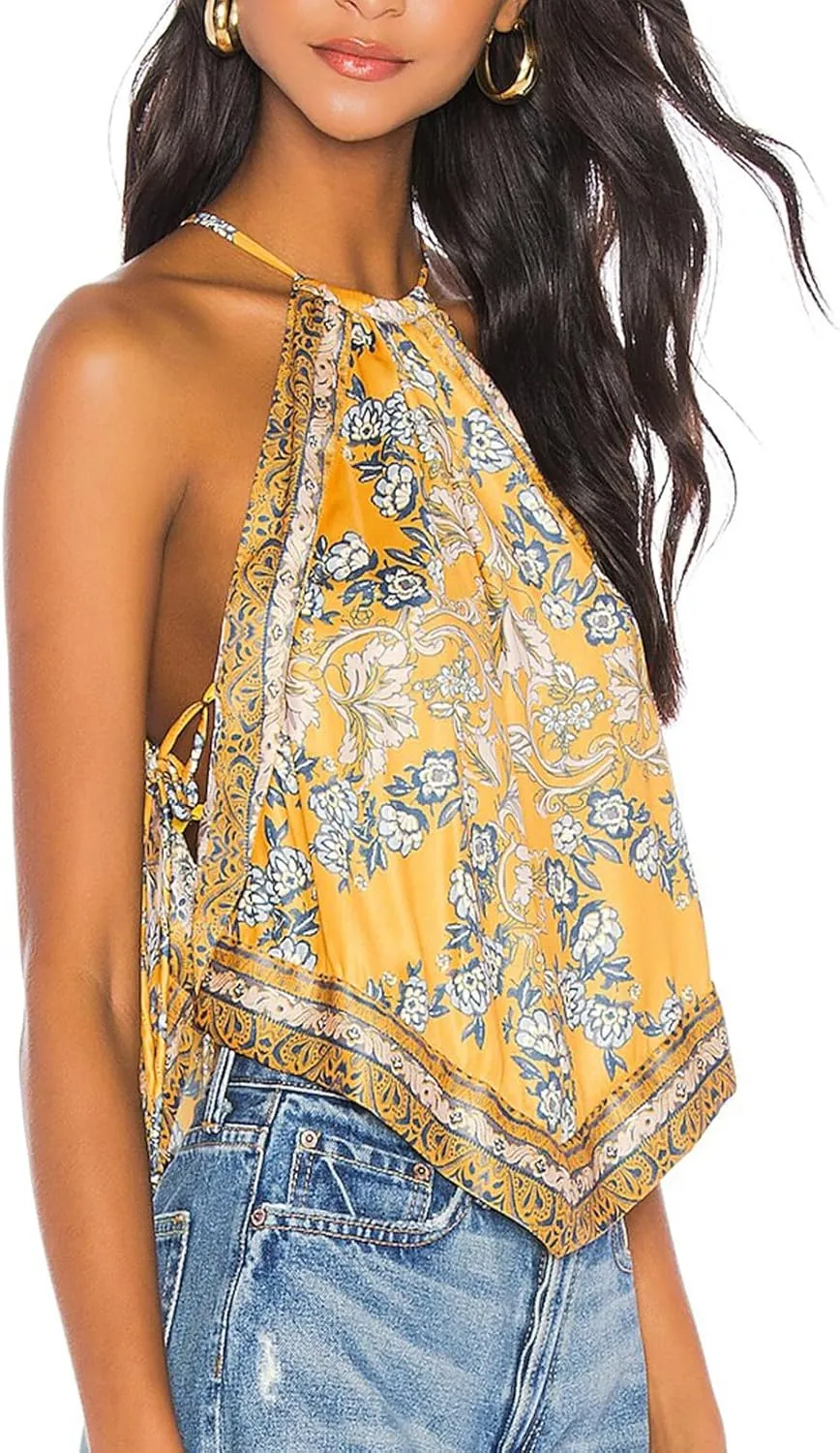 Y2k Boho Floral Halter Tank Top for Women Sleveeless Bandeau Crop Top Summer Aesthetic Going Out Cami Shirt