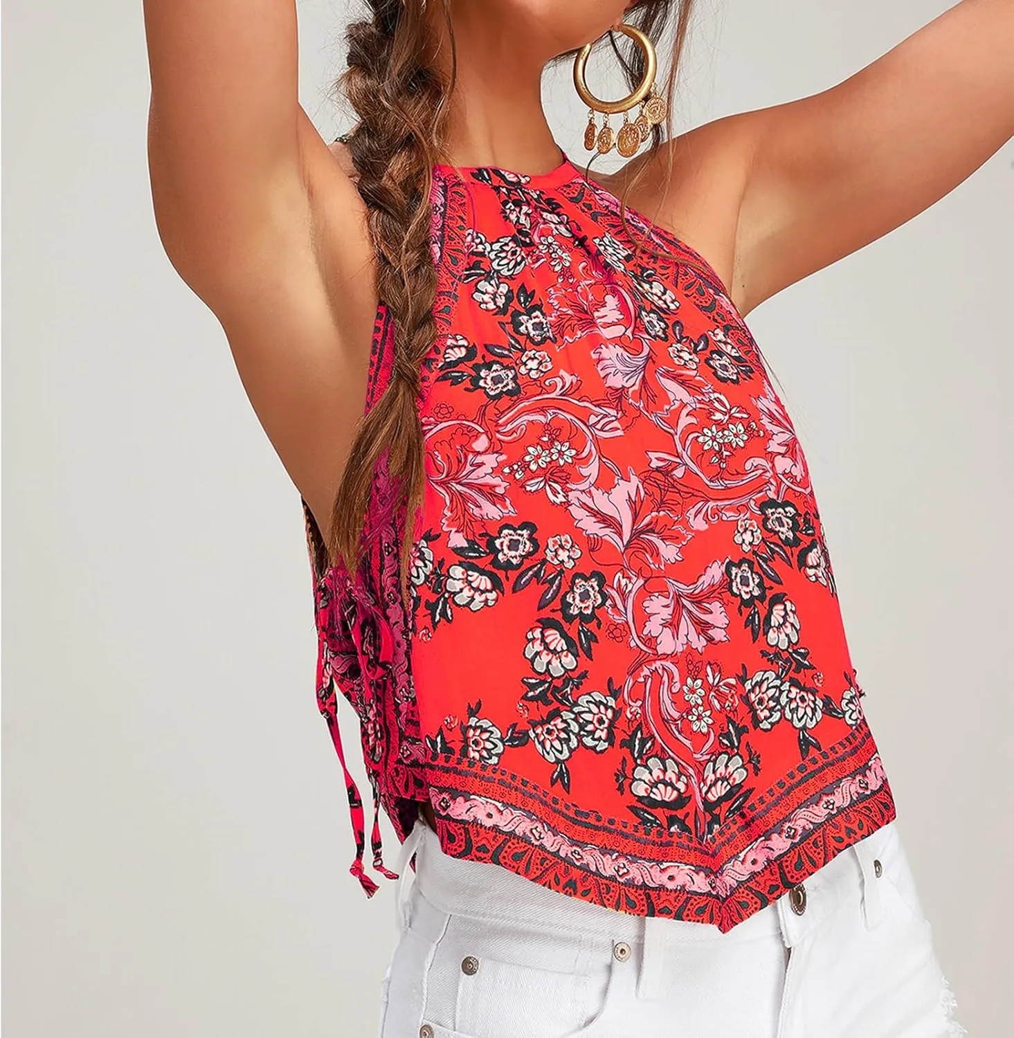 Y2k Boho Floral Halter Tank Top for Women Sleveeless Bandeau Crop Top Summer Aesthetic Going Out Cami Shirt