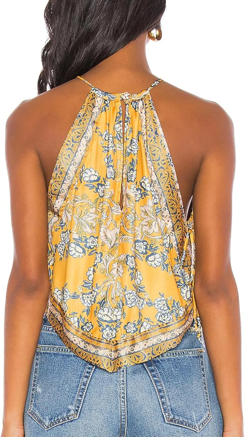 Y2k Boho Floral Halter Tank Top for Women Sleveeless Bandeau Crop Top Summer Aesthetic Going Out Cami Shirt