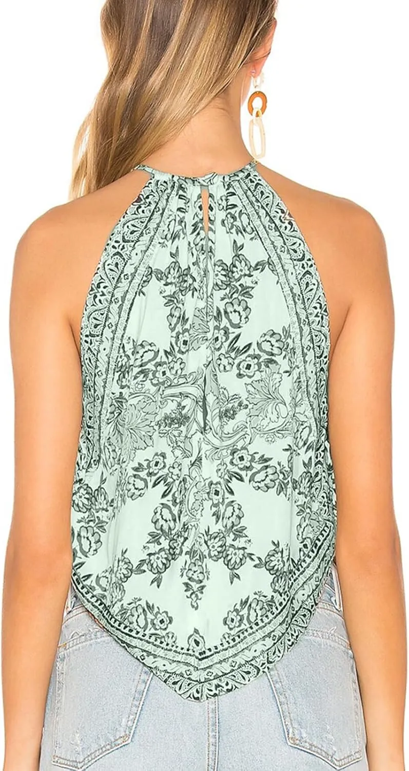 Y2k Boho Floral Halter Tank Top for Women Sleveeless Bandeau Crop Top Summer Aesthetic Going Out Cami Shirt