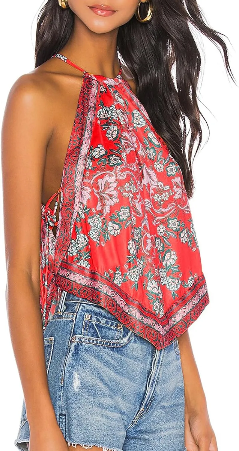 Y2k Boho Floral Halter Tank Top for Women Sleveeless Bandeau Crop Top Summer Aesthetic Going Out Cami Shirt