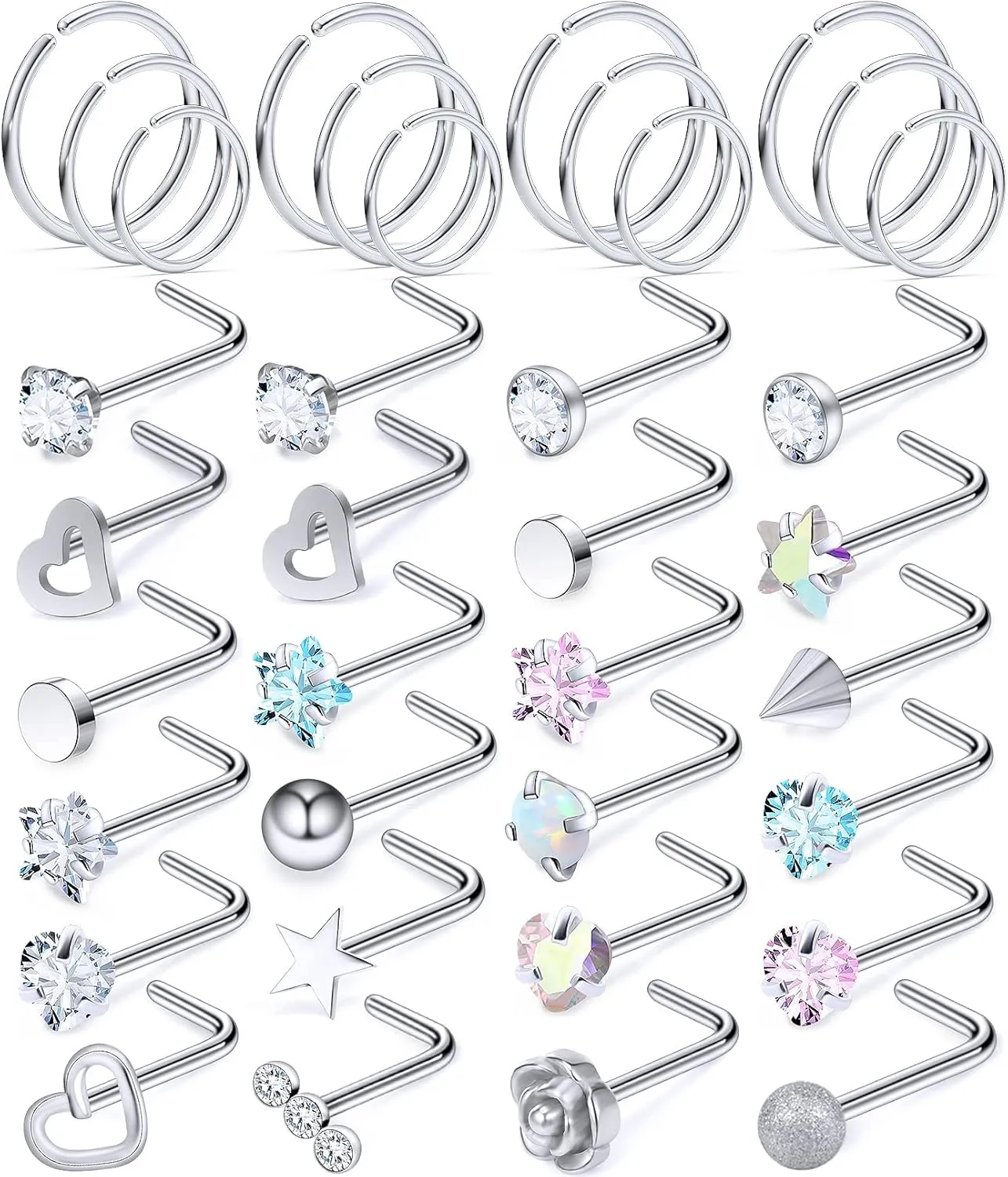 Yaalozei 18G 20G 22G Nose Rings Studs 316L Surgical Steel Hypoallergenic L Shape Screw Nose Rings Nose Hoop Diamond Heart Nostril Nose Piercing Jewelry for Women Men Silver Rose Gold Black Rainbow