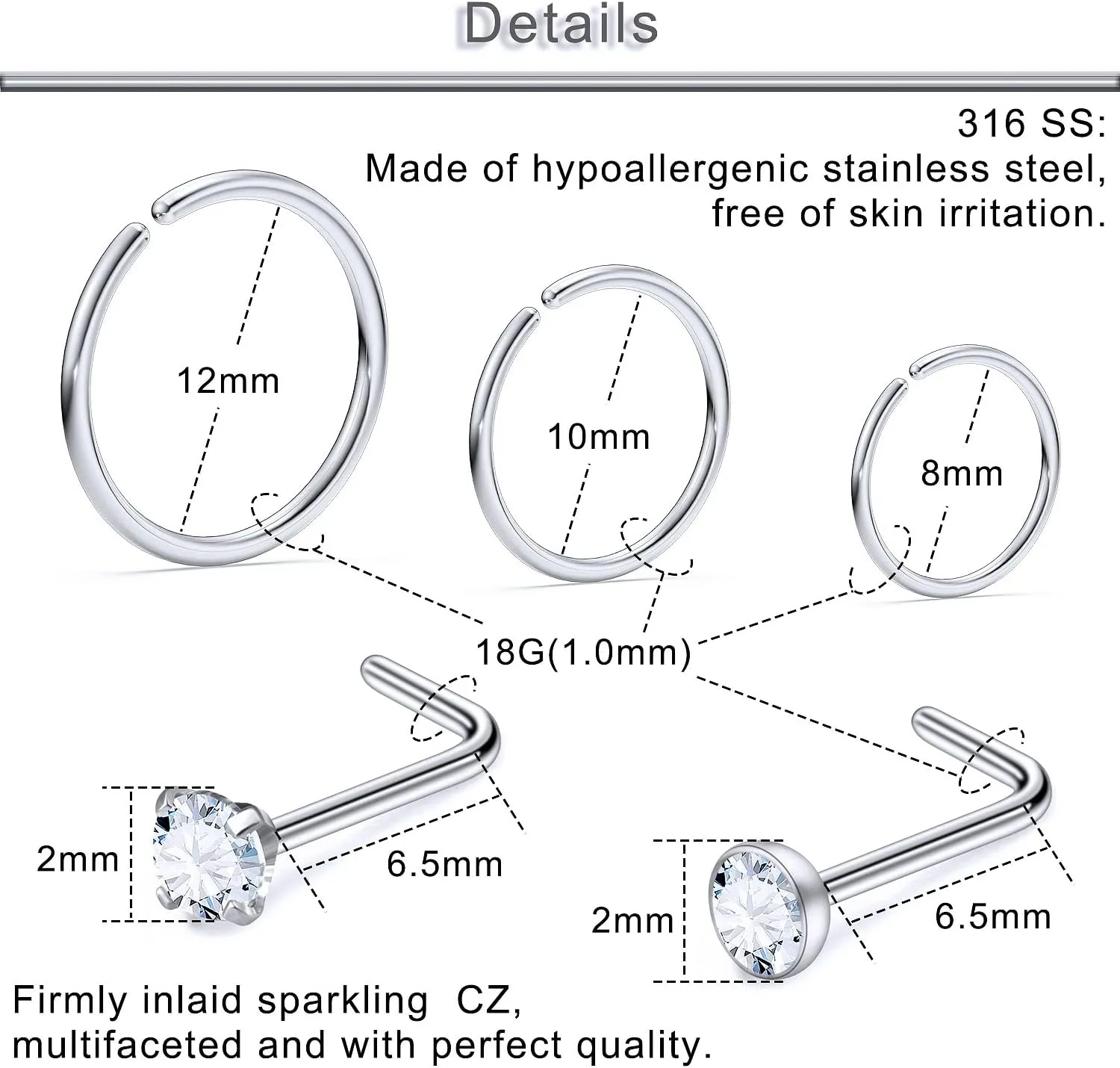 Yaalozei 18G 20G 22G Nose Rings Studs 316L Surgical Steel Hypoallergenic L Shape Screw Nose Rings Nose Hoop Diamond Heart Nostril Nose Piercing Jewelry for Women Men Silver Rose Gold Black Rainbow