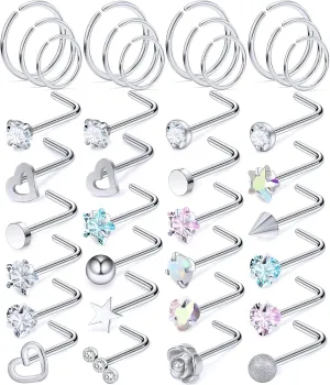 Yaalozei 18G 20G 22G Nose Rings Studs 316L Surgical Steel Hypoallergenic L Shape Screw Nose Rings Nose Hoop Diamond Heart Nostril Nose Piercing Jewelry for Women Men Silver Rose Gold Black Rainbow