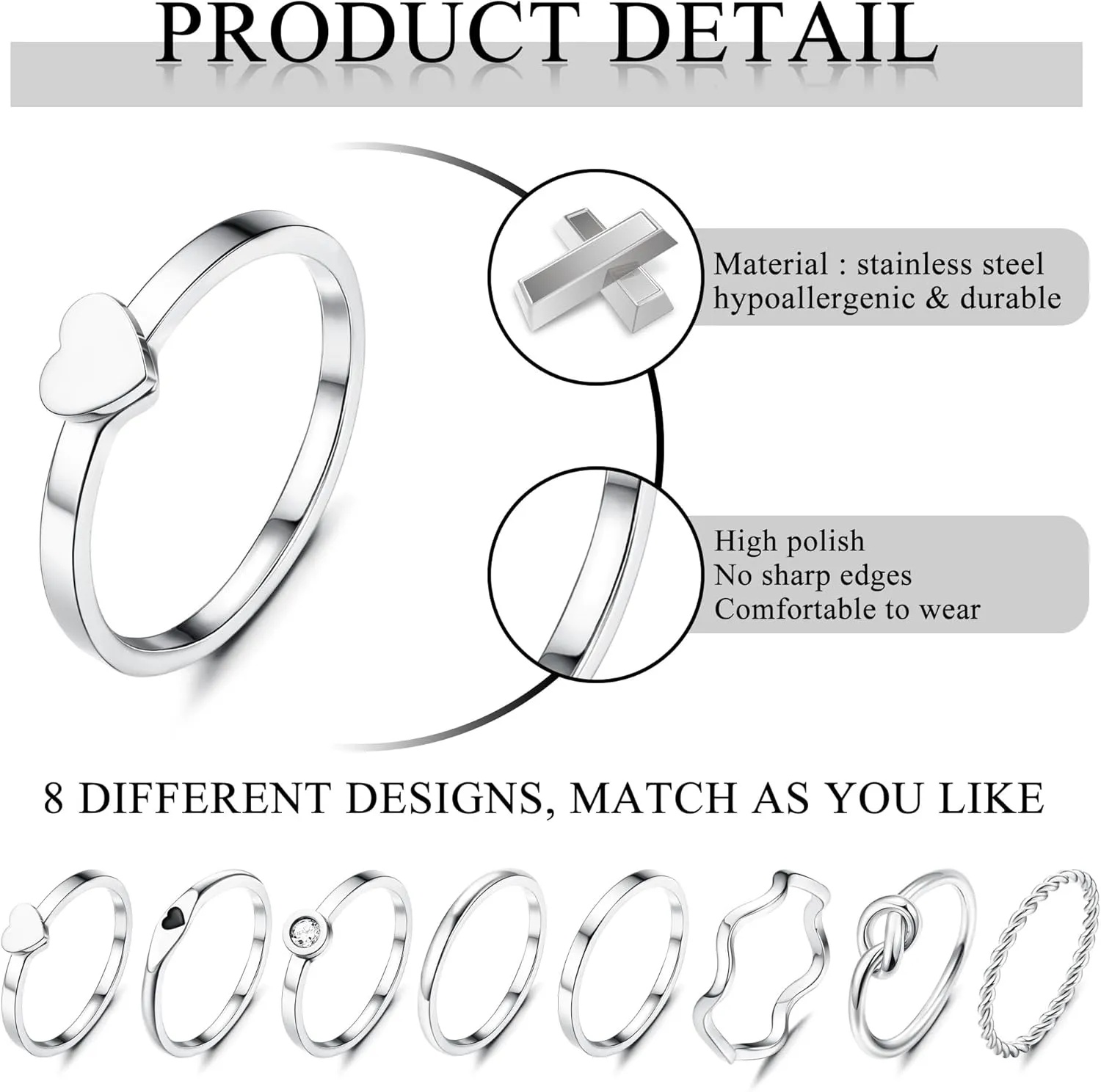 YADOCA 8pcs 2MM Stainless Steel Rings for Women Men 14K Gold Plated Stacking Rings Fashion Simple Plain Knuckle Stacking Midi Thumb Dainty Thin Heart Knot Stackable Statement Band Rings Set Size 5-11
