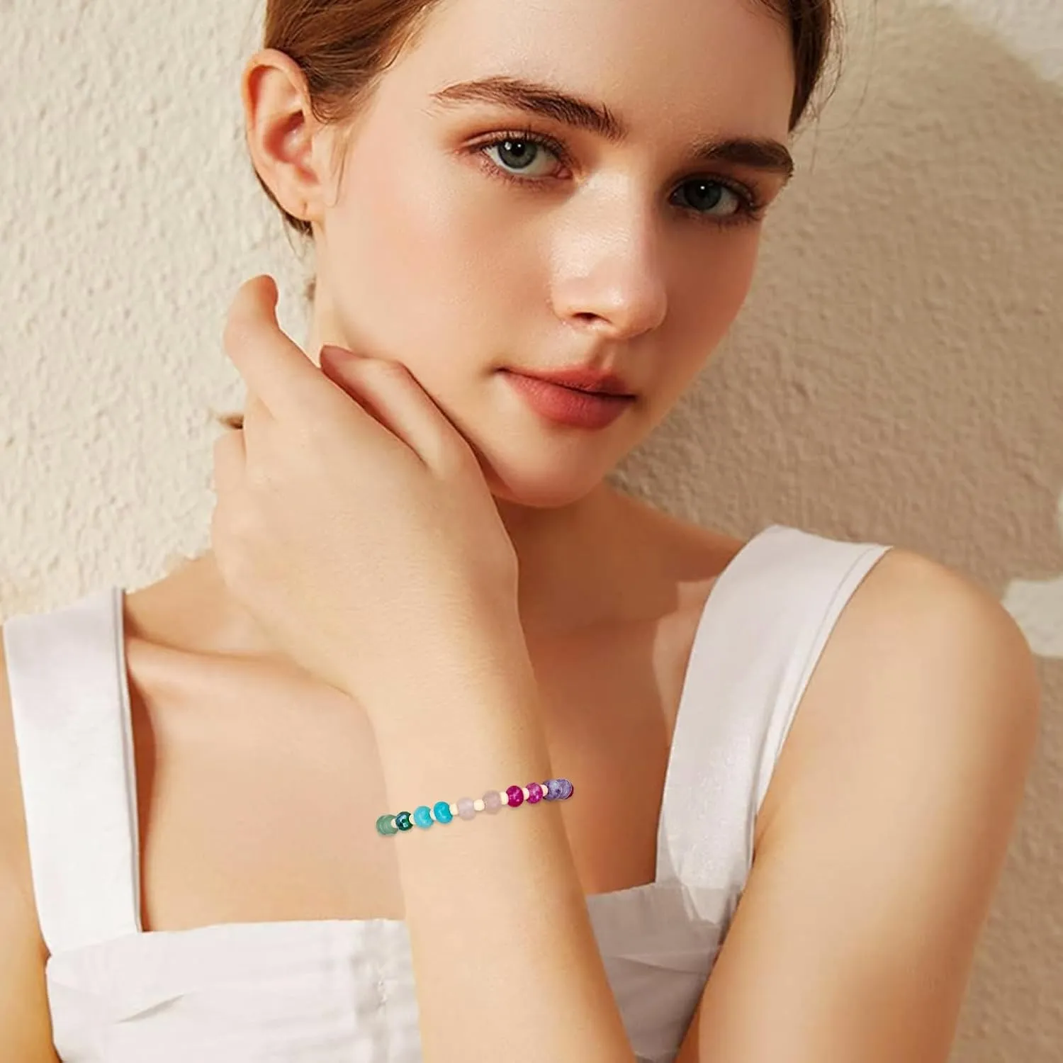 YBMYCM Beaded Gemstone Bracelet for Women, Colorful Boho Bead Link Bracelet Natural Stone Surfer Beach Bracelet 14K Gold Plated Summer Handmade Jewelry