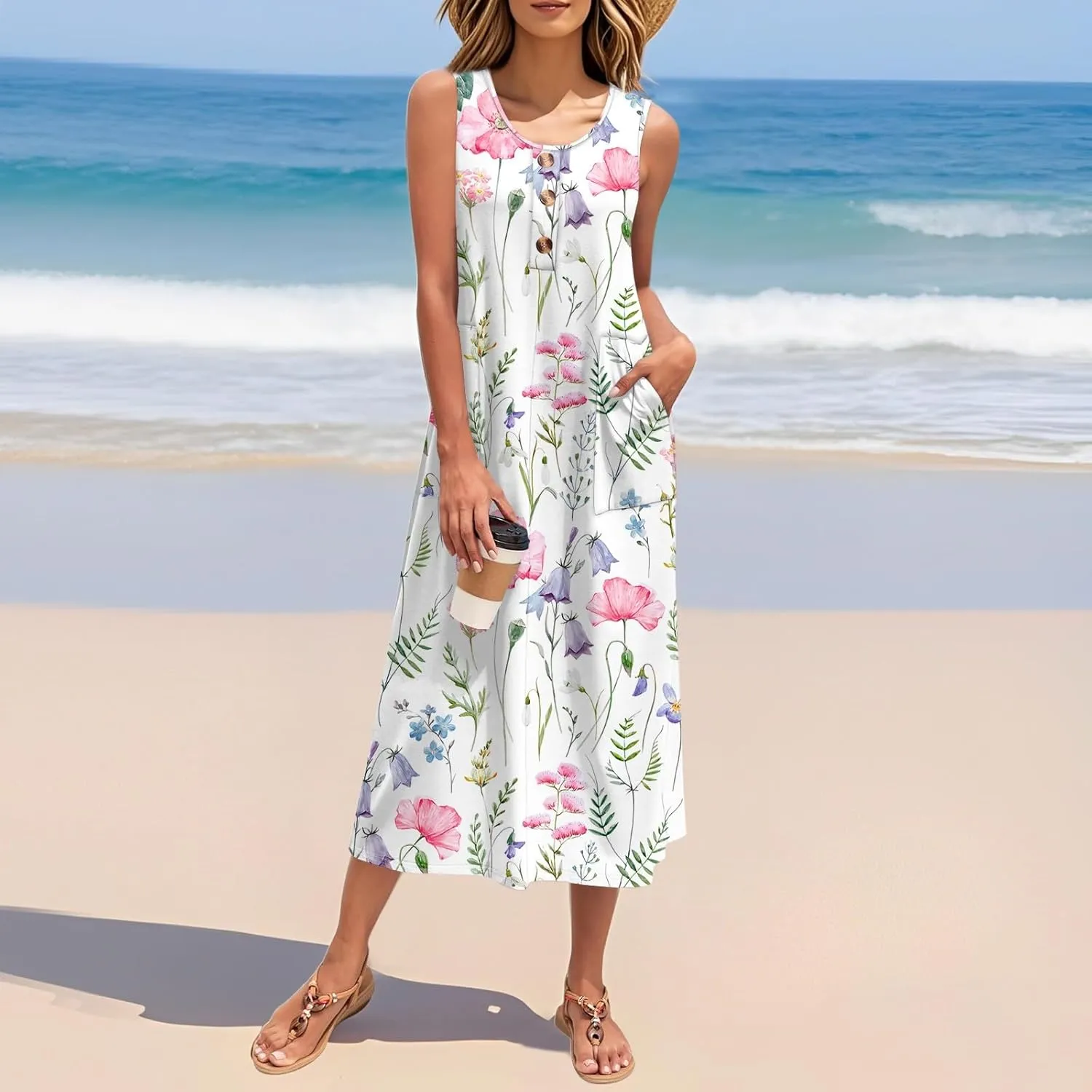 Yesunpxs Summer Dresses for Women Button Down Sleeveless Maxi Dress Casual Loose Long Beach Sundress Travel Vacation Outfits