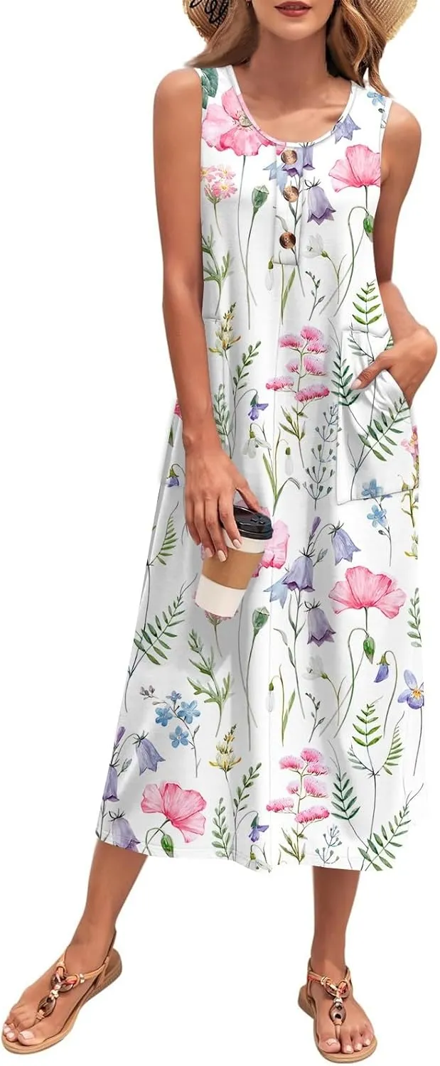 Yesunpxs Summer Dresses for Women Button Down Sleeveless Maxi Dress Casual Loose Long Beach Sundress Travel Vacation Outfits