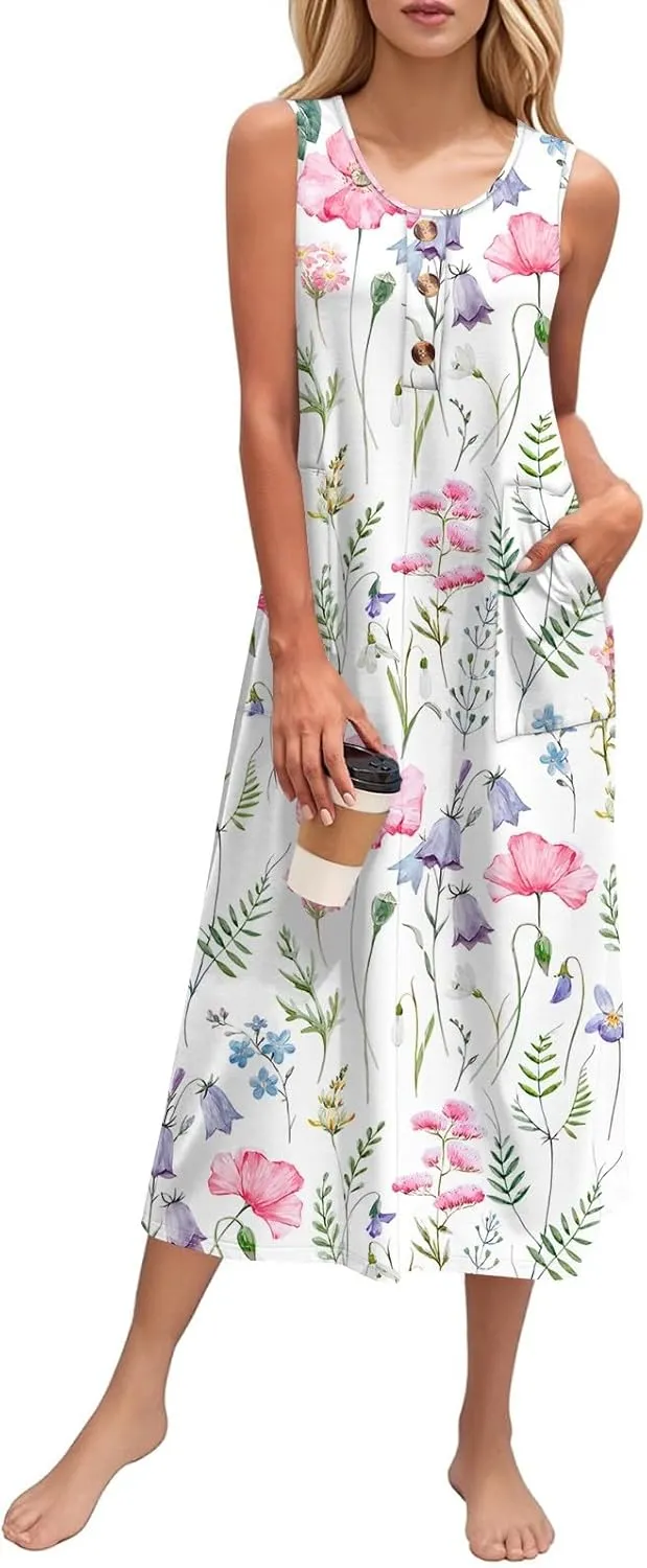 Yesunpxs Summer Dresses for Women Button Down Sleeveless Maxi Dress Casual Loose Long Beach Sundress Travel Vacation Outfits