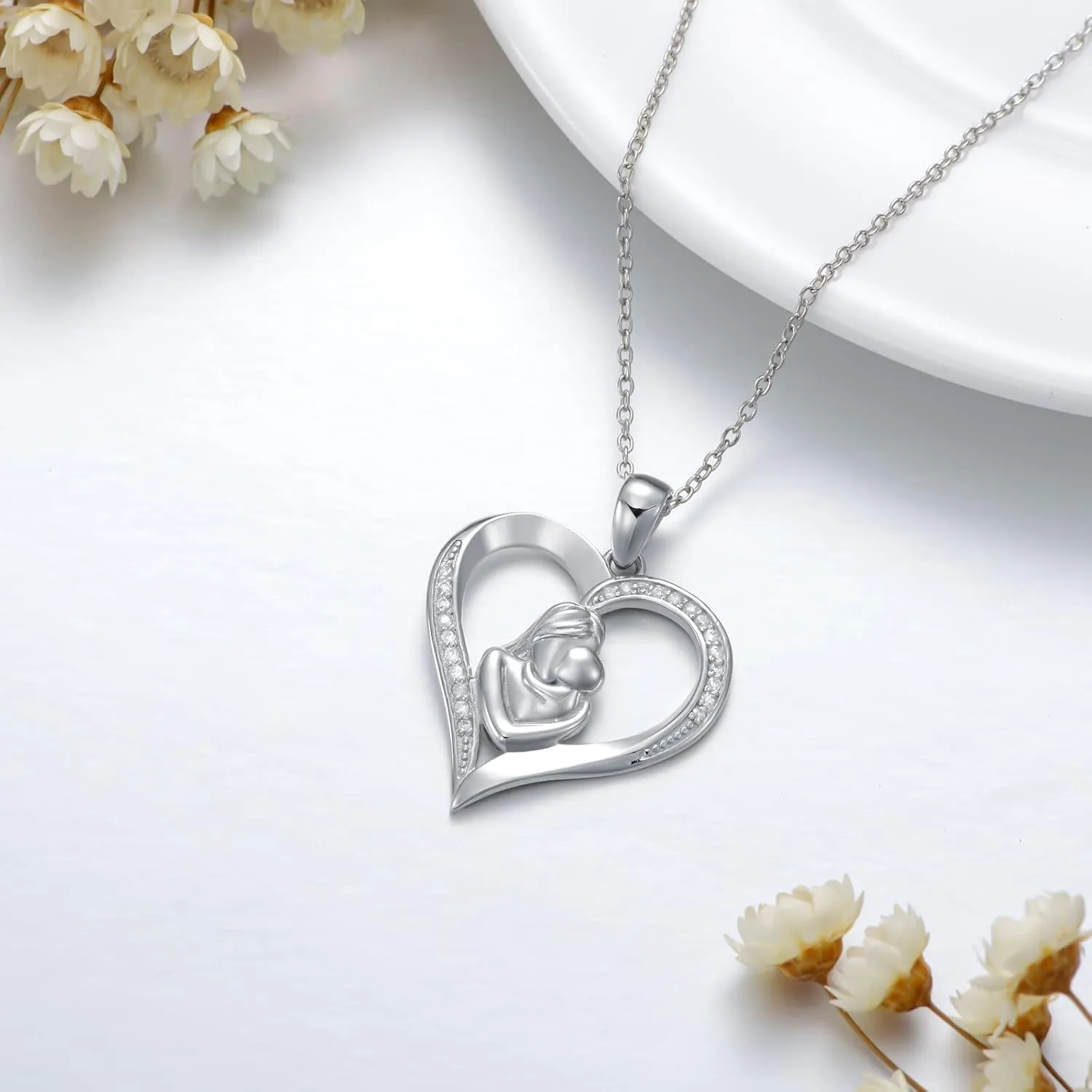 ZBA Natural Diamond Express Love Gifts for Women, Carnation/Rose Flower Necklaces, White Gold Plated S925 Sterling Silver Mother Daughter Necklace for Mom Fine Jewelry 20inches (F-G,I1-I2)