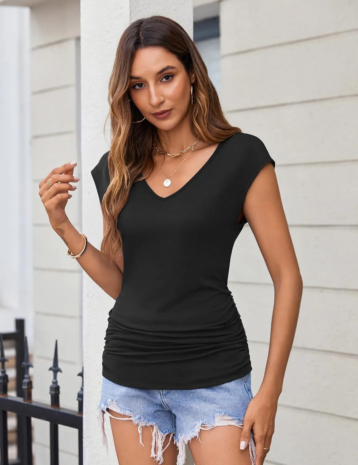 Zeagoo Womens Summer Tops Cute V Neck Cap Sleeve Tshirts Loose Fit Dressy Casual Shirts Ruched Top Tees