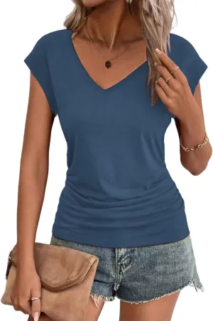 Zeagoo Womens Summer Tops Cute V Neck Cap Sleeve Tshirts Loose Fit Dressy Casual Shirts Ruched Top Tees