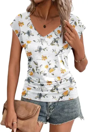 Zeagoo Womens Summer Tops Cute V Neck Cap Sleeve Tshirts Loose Fit Dressy Casual Shirts Ruched Top Tees