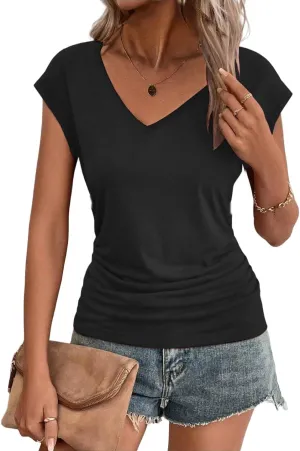 Zeagoo Womens Summer Tops Cute V Neck Cap Sleeve Tshirts Loose Fit Dressy Casual Shirts Ruched Top Tees