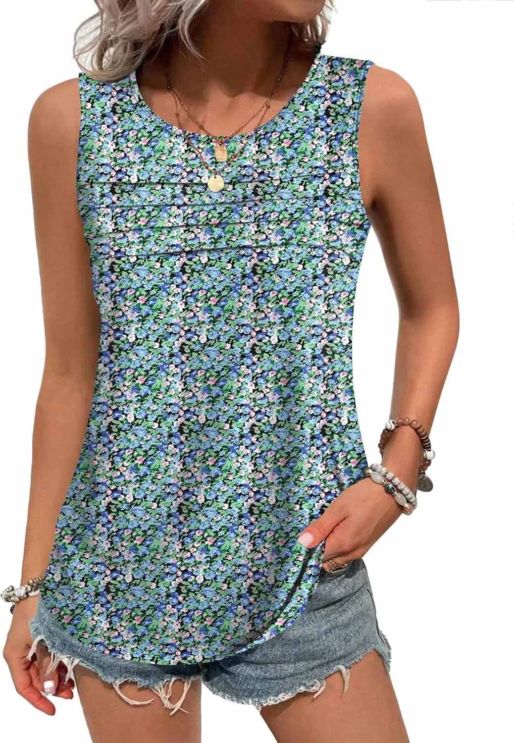 Zeagoo Womens Tops Dressy Casual Summer Loose Fit Tank Tops Trendy Pleated Front Scoop Neck Sleeveless Tunic Shirts