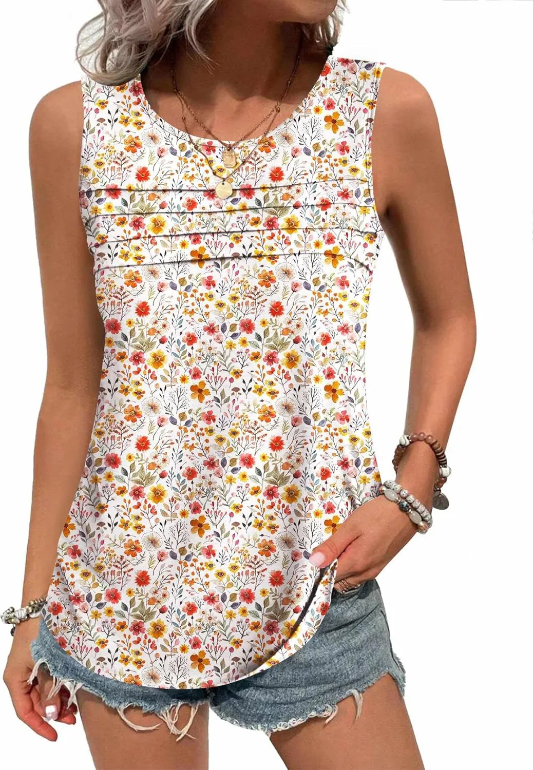 Zeagoo Womens Tops Dressy Casual Summer Loose Fit Tank Tops Trendy Pleated Front Scoop Neck Sleeveless Tunic Shirts
