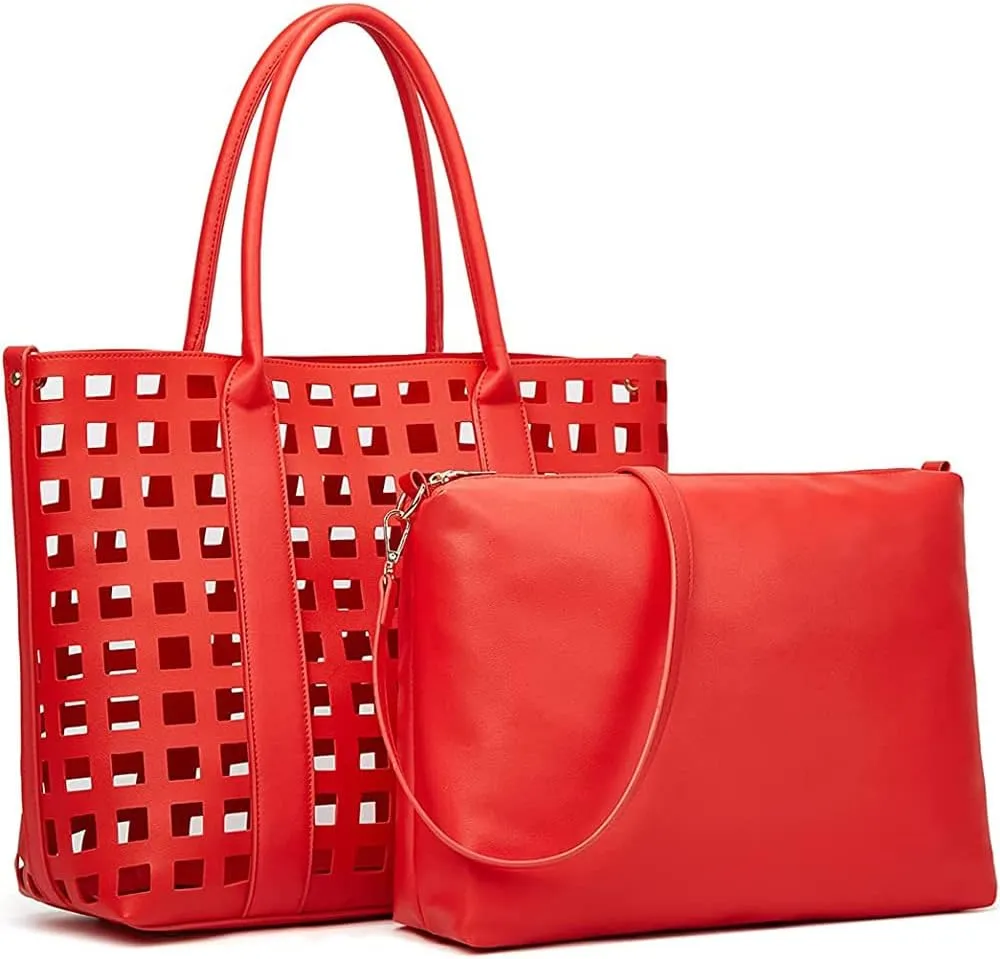 ZiMing 2 Pcs Handbags for Women Tote Bags Purses Set Faux Leather Satchel Hollowed Out Bag Large Capacity Shoulder Bag