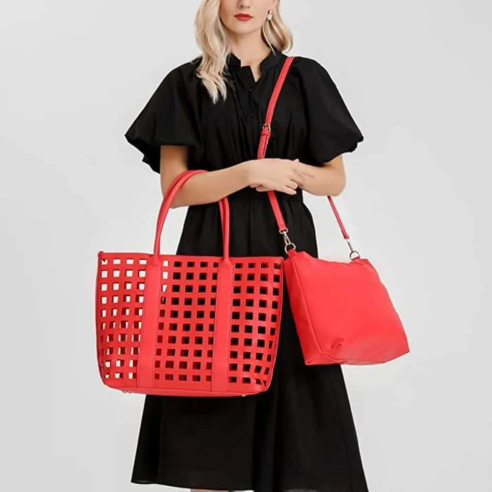 ZiMing 2 Pcs Handbags for Women Tote Bags Purses Set Faux Leather Satchel Hollowed Out Bag Large Capacity Shoulder Bag