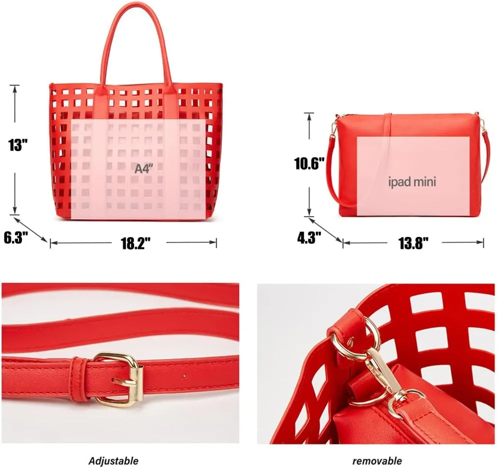ZiMing 2 Pcs Handbags for Women Tote Bags Purses Set Faux Leather Satchel Hollowed Out Bag Large Capacity Shoulder Bag